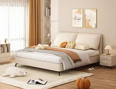 Cozy Beige Double Bed Room Interior With Bedding Bookshelf And Wall Art 3d model
