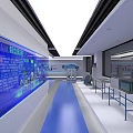 Modern Exhibition Hall Interior With Blue Flooring White Ceiling Display Screens And Counters