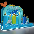 Scenic Deep Blue Mountain Sea Themed Photo Spot with Waves Colorful Columns and Seagull Decor