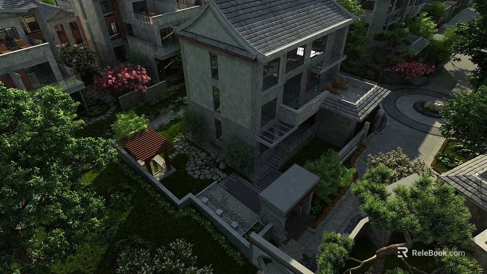 Traditional Garden Landscape With Lush Green Plants Stone Pathway And Pavilion Design 3d model 