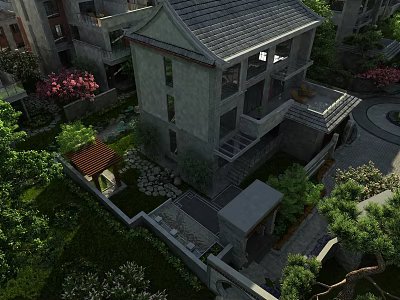 Traditional Garden Landscape With Lush Green Plants Stone Pathway And Pavilion Design 3d model