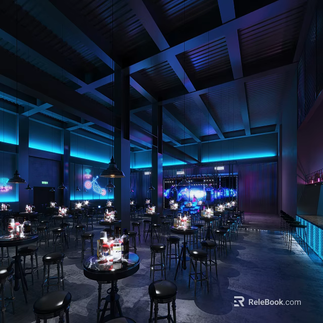 Modern Bar Interior With Colorful Lighting Bar Counter High Stools And Dining Tables 3d model 