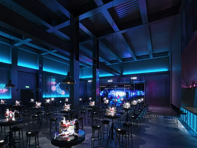 Modern Bar Interior With Colorful Lighting Bar Counter High Stools And Dining Tables 3d model