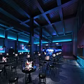 Modern Bar Interior With Colorful Lighting Bar Counter High Stools And Dining Tables