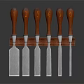 Six Kitchen Knives With Wooden Handles And Metal Blades In Storage Rack