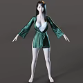 Woman in Green Silk Robe with White Lingerie Standing Barefoot on Gray Background