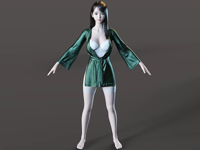 Woman in Green Silk Robe with White Lingerie Standing Barefoot on Gray Background 3d model