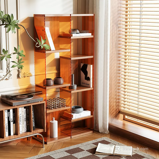 Modern Wooden Bookcase With Shelves Books Decorations And Green Plants By Bright Window Blinds 3d model 