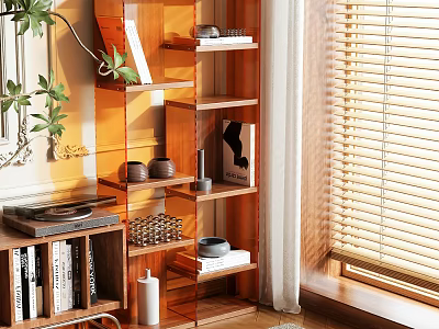 Modern Wooden Bookcase With Shelves Books Decorations And Green Plants By Bright Window Blinds 3d model