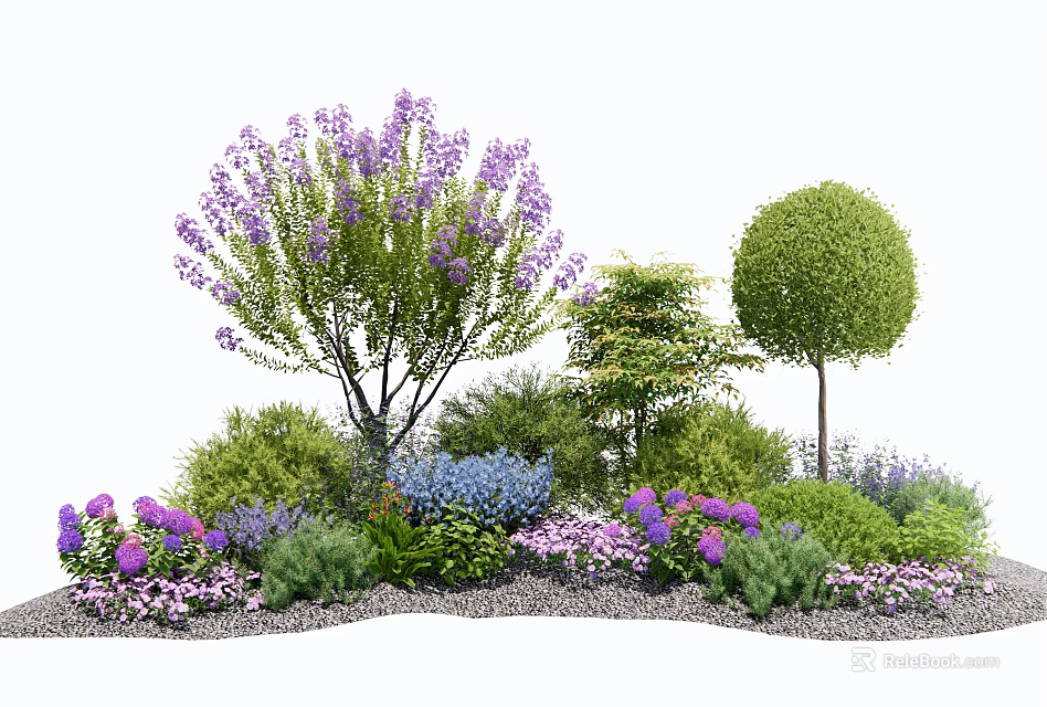 Vibrant Garden Shrubs With Purple Flowers Rounded Shapes Mixed Greenery And Pebble Ground 3d model 