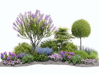 Vibrant Garden Shrubs With Purple Flowers Rounded Shapes Mixed Greenery And Pebble Ground 3d model