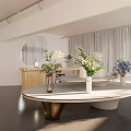 Modern Boutique Store Interior With Round White Table Vases Green Blue Flowers And Round Mirror