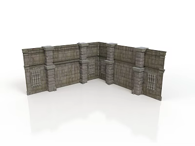 Modern Stone Wall Corner Architectural Structure With Columns And Grilled Windows 3d model