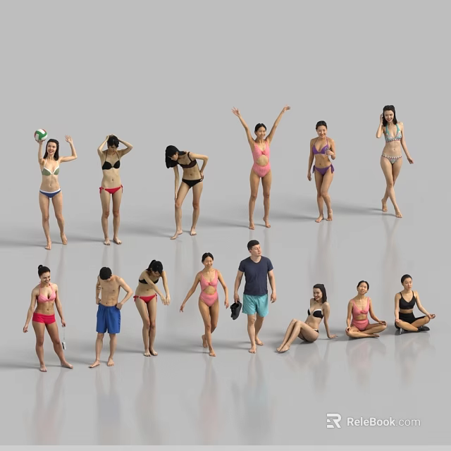 Multiple People in Bikinis and Swim Trunks with Various Poses Including Volleyball and Raised Arms 3d model