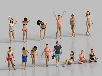 Multiple People in Bikinis and Swim Trunks with Various Poses Including Volleyball and Raised Arms 3d model