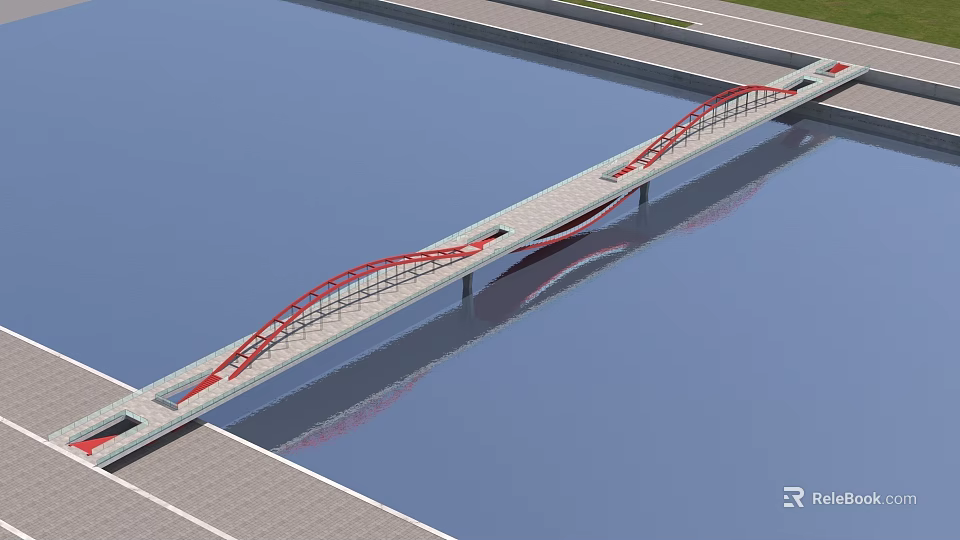 Modern Landscape Bridge With Red Arch Structure Spanning Water And Riverbank Pavement 3d model 