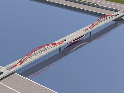 Modern Landscape Bridge With Red Arch Structure Spanning Water And Riverbank Pavement 3d model