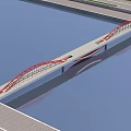 Modern Landscape Bridge With Red Arch Structure Spanning Water And Riverbank Pavement