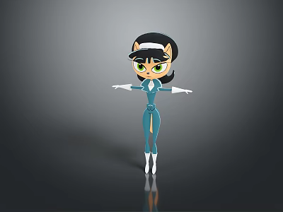 Cartoon Female Character In Blue Outfit With White Gloves Boots And Green Eyes 3d model