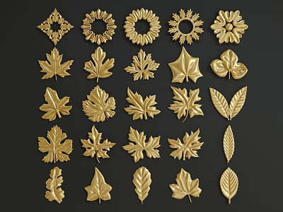 Golden Carvings In Various Shapes Including Leaves And Flowers On Black Background 3d model