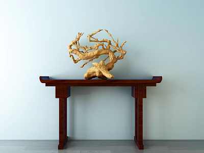 Wooden Console Table With Golden Sculpture Against Light Blue Wall And Gray Floor 3d model