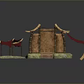 Traditional Architecture Model With Red Roof Brown Walls Bamboo Green Mossy Base And Small Pavilion