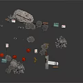 Scene Construction Model Components With Street Lamps Vehicles Rocks And Traffic Cones