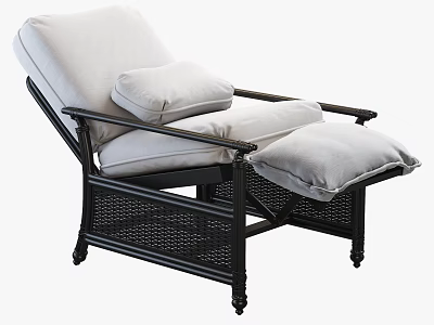 Comfortable White Cushioned Lounge Chair With Black Wicker Frame And Ottoman 3d model