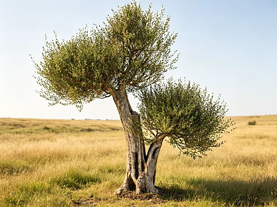 Large Leafy Tree With Thick Trunk Standing In Vast Grassland Under Blue Sky 3d model