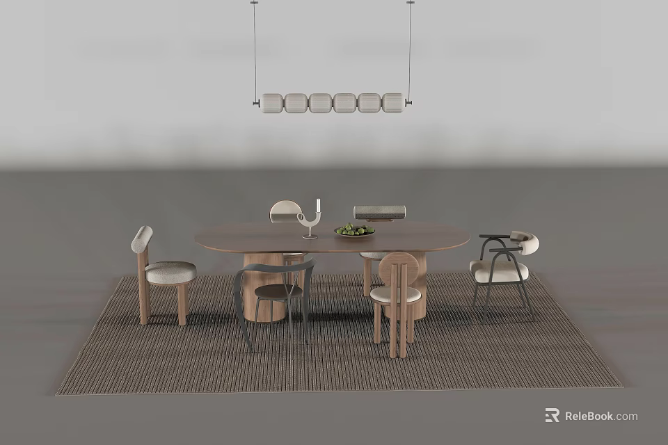 Modern Round Dining Table Set with Four Chairs Pendant Light and Area Rug 3d model
