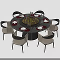 Round Dining Table Set with Six Chairs Red Placemats Marble Tabletop and Center Decoration