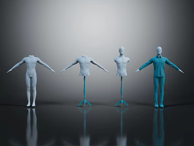 White Mannequins With Blue Suit For Clothing Display On Black Floor 3d model