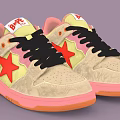 Beige Sneakers With Pink Sole Red Star Design Black Laces And Pink Tongue