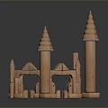 Wooden Castle Model With Multiple Spires And Arched Structures Light Brown On Dark Reflective Background