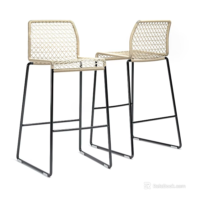 Modern Bar Stools With Woven Backrest And Seat Black Metal Legs 3d model 