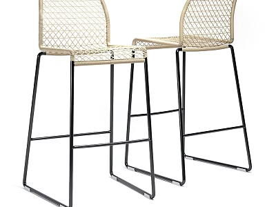 Modern Bar Stools With Woven Backrest And Seat Black Metal Legs 3d model