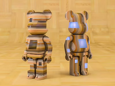 Wooden Striped Bear Dolls Standing On Wooden Floor With Modern Design 3d model