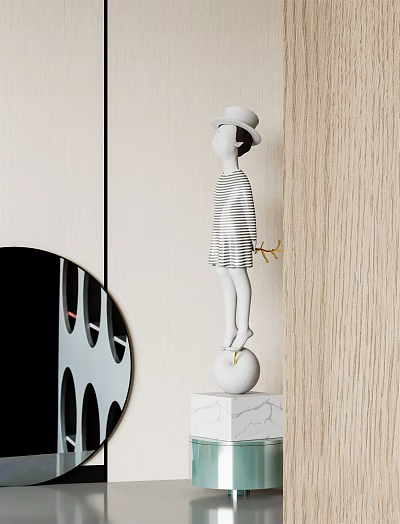 Elegant Striped Hat Figurine Sculpture Standing On Ball With Marble Base For Interior Decor 3d model