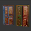Traditional Wooden Doors With Red Green Decorations And Intricate Patterns One Closed One Half Open