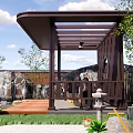 Outdoor Wooden Pavilion With Latticed Roof Circular Decoration Two People Sitting On Bench Tea Set