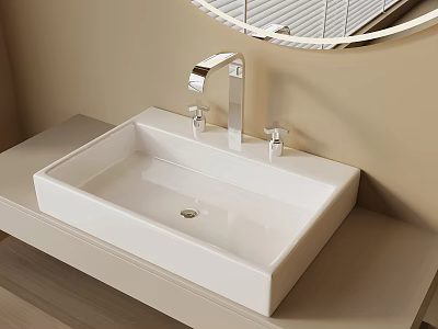 Elegant Bathroom Sink With White Square Shape Silver Faucet And Round Mirror 3d model