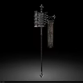 Ancient Long Handled Weapon With Intricate Top Structure And Attached Banner