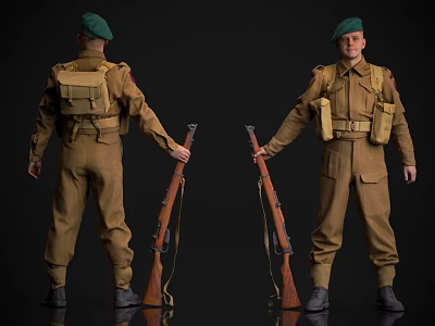 Man In Military Uniform With Green Beret Backpack And Rifle Front Back Views 3d model