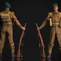 Man In Military Uniform With Green Beret Backpack And Rifle Front Back Views