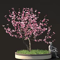Decorative Pink Flower Tree With Serene Seated Statue On Green Grass