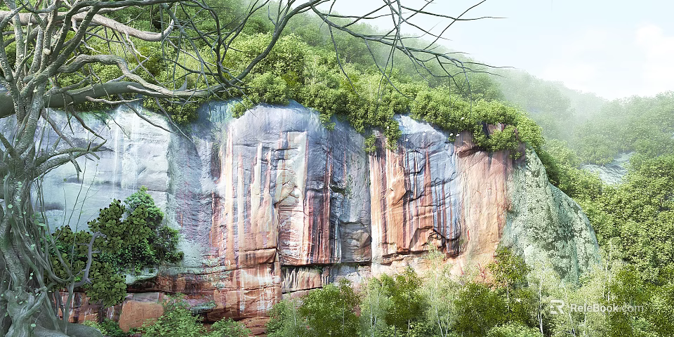 Garden Landscape Design Showcasing Rocky Cliffs Lush Greenery And Natural Vegetation 3d model 