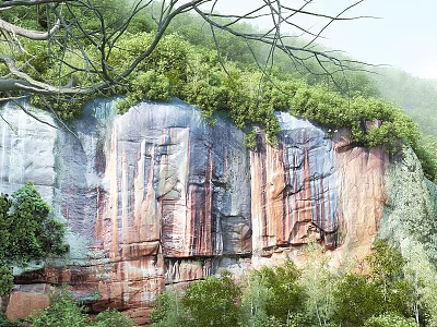 Garden Landscape Design Showcasing Rocky Cliffs Lush Greenery And Natural Vegetation 3d model