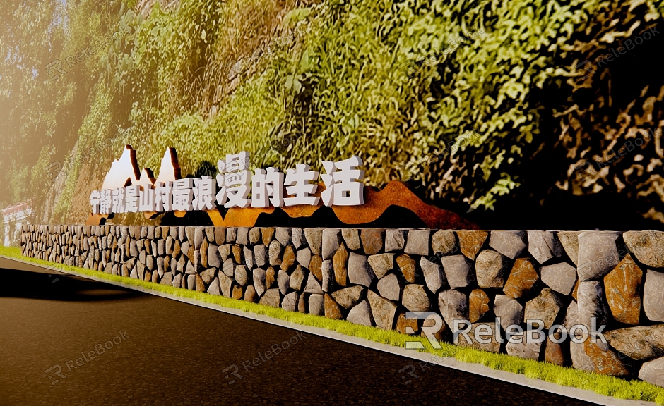 New Chinese style landscape wall road stone landscape word rural landscape low wall farming culture beautiful countryside and beautiful countryside rural net red punch card model