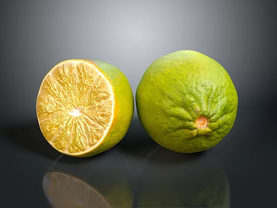 Fresh Juicy Ripe Green Limes Whole and Halved on Black Reflective Surface 3d model