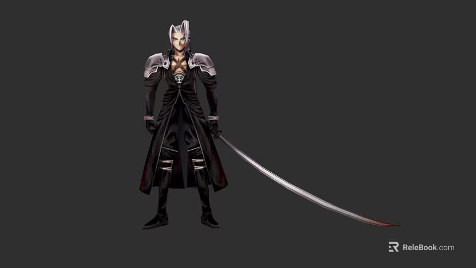 Silver Haired Game Movie Character In Black Robe And Silver Armor With Long Sword 3d model 
